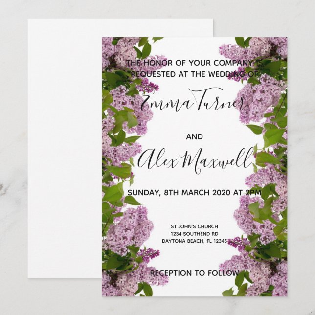 Invitación a la boda | Guión morado floral (Anverso / Reverso)