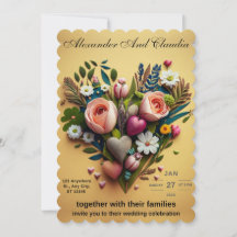 Invitación a la boda hecha con flores y corazones