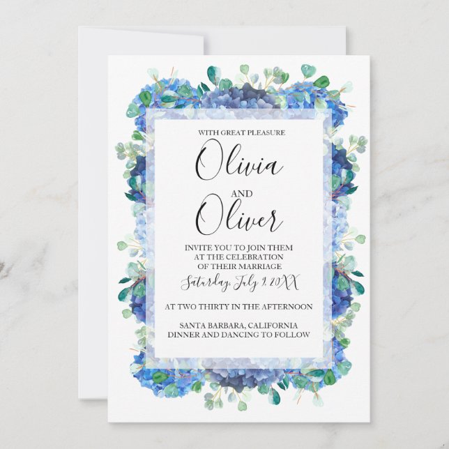 Invitación a la boda hidrangea azul (Anverso)