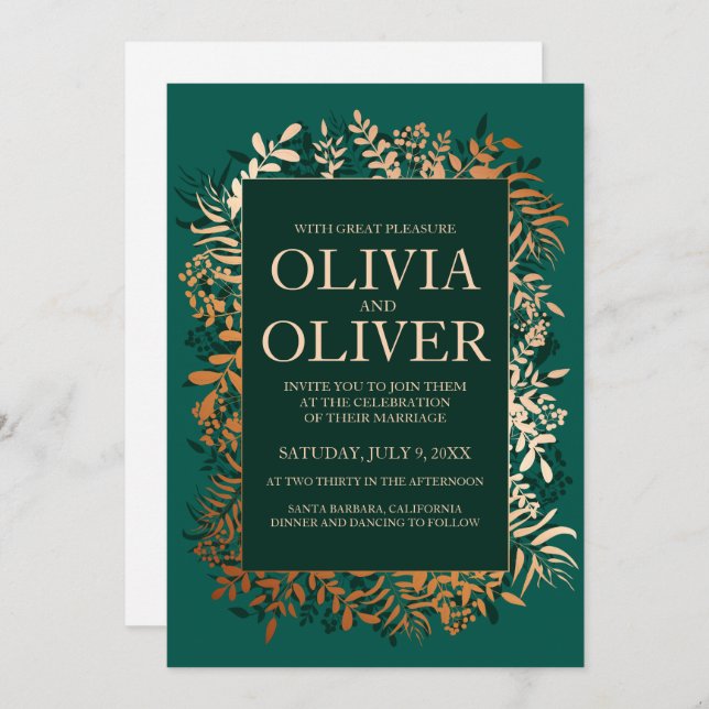 Invitación a la boda Hierba de oro esmeralda (Anverso / Reverso)