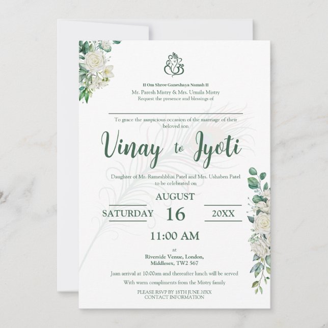 Invitación a la boda hindú con flores verdes (Anverso)