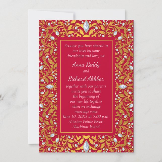 Invitación a la boda hindú rojiza y dorada (Anverso)