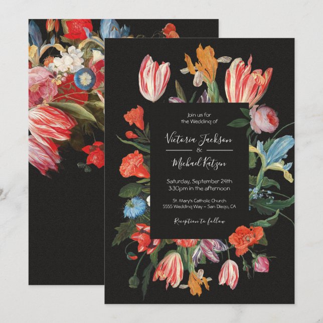 Invitación a la boda holandesa con floral oscuro y (Anverso / Reverso)
