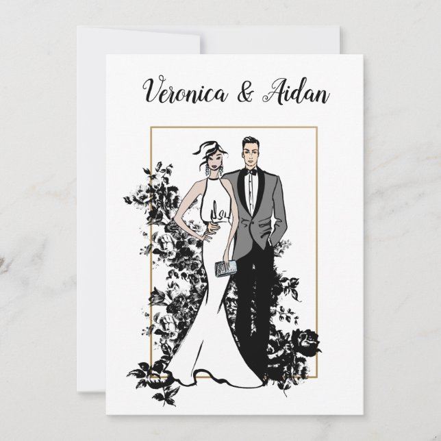 Invitación a la boda Ilustracion elegante de moda (Anverso)