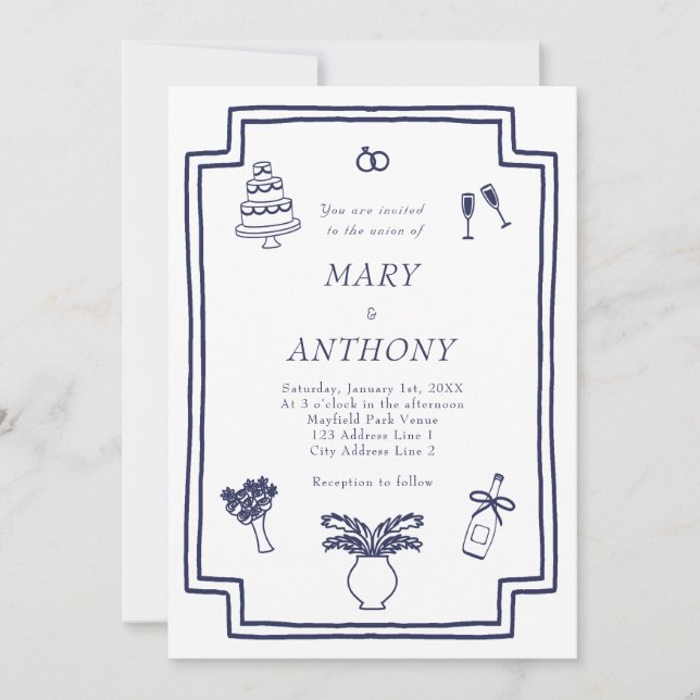 Invitación a la boda ilustrada por mano en francés (Anverso)