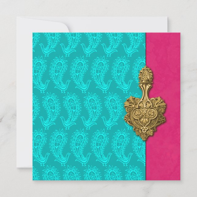 Invitación a la boda india Aqua Paisley Peacock (Anverso)