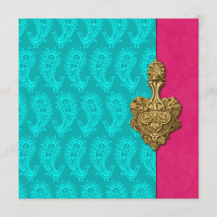 Invitación a la boda india Aqua Paisley Peacock