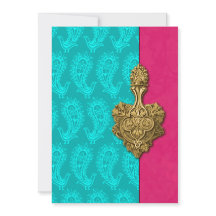Invitación a la boda india Aqua Paisley Peacocks