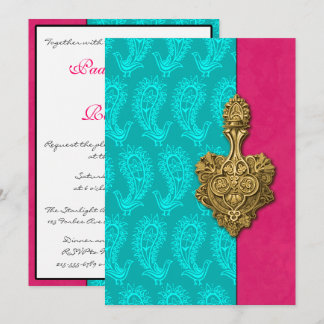 Invitación a la boda india Aqua Paisley Peacocks