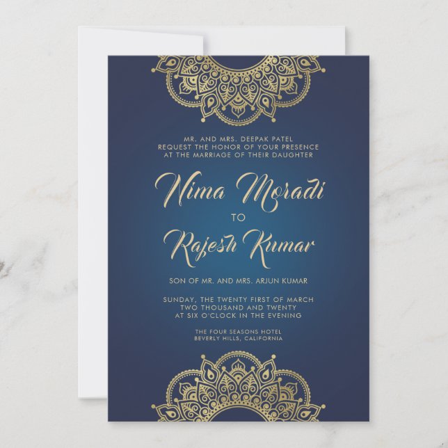 Invitación a la boda india, azul, oro, Mandala (Anverso)