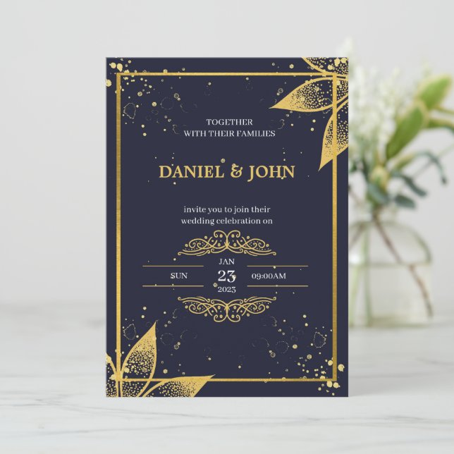 Invitación a la boda india: Azul oscuro y oro (Anverso de pie)