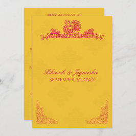 Invitación a la boda india con azafrán y pavo real