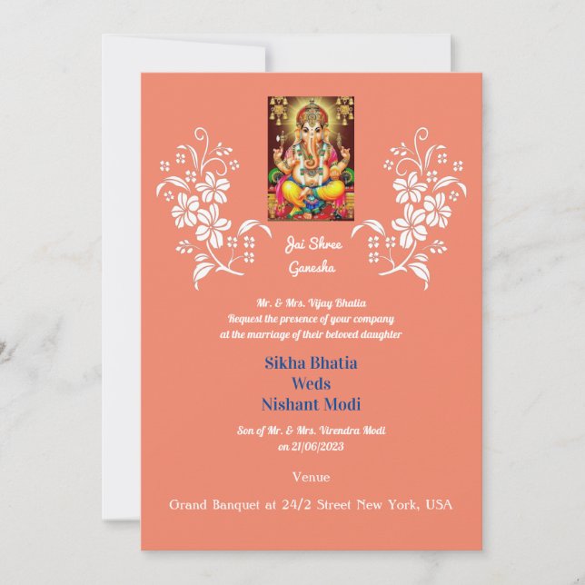 Invitación a la boda india con el auspicioso Ganes (Anverso)