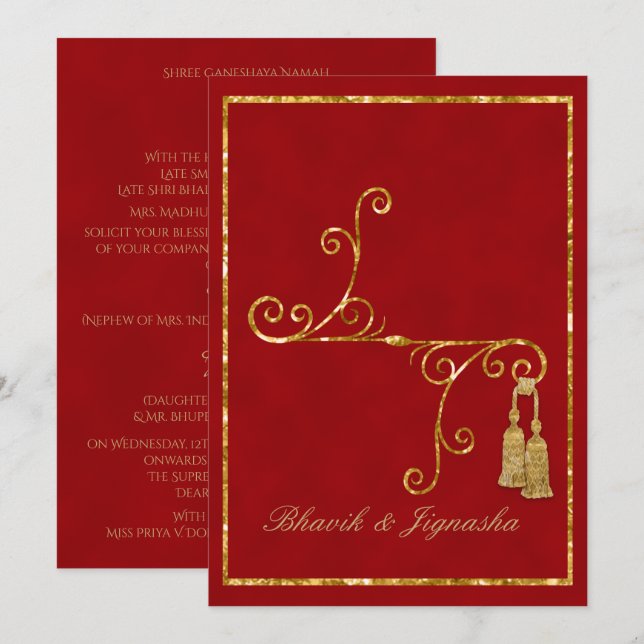 Invitación a la boda india con el tassel rojo y do (Anverso / Reverso)