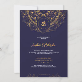 Invitación a la boda india con elegancia azul y or