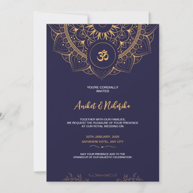 Invitación a la boda india con elegancia azul y or (Anverso)