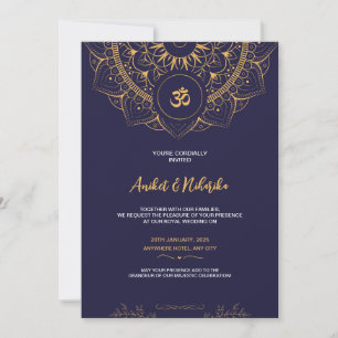 Invitación a la boda india con elegancia azul y or