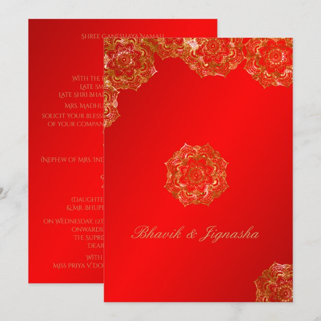 Invitación a la boda india con flores rojas y dora (Anverso / Reverso)