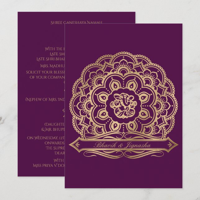 Invitación a la boda india con mandarala morada y  (Anverso / Reverso)