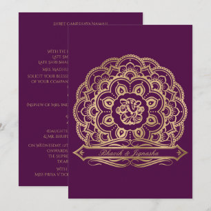 Invitación a la boda india con mandarala morada y 