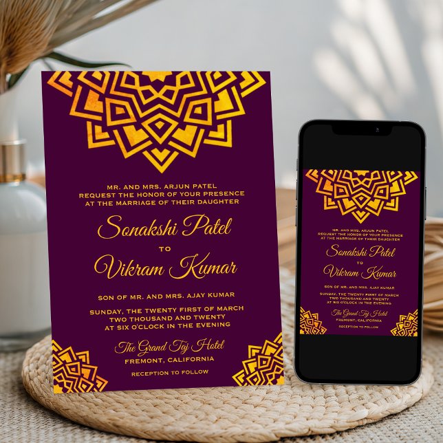 Invitación a la boda india con oro de Plum moderno (Subido por el creador)