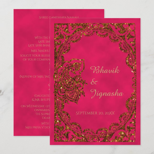 Invitación a la boda india con pavos reales rosado (Anverso / Reverso)