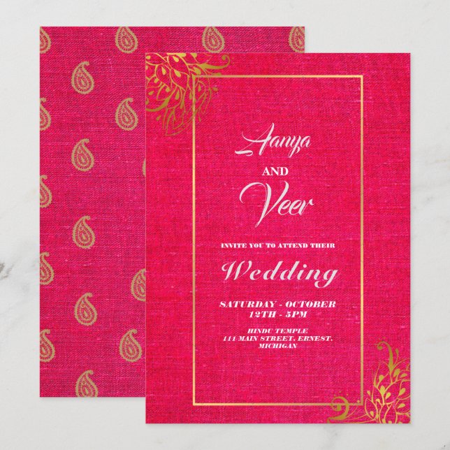 Invitación a la boda india con pavos reales rosado (Anverso / Reverso)
