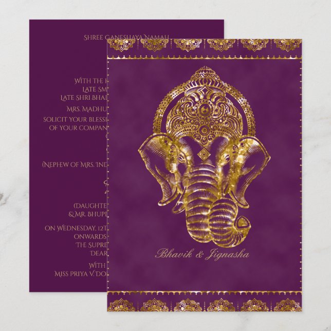 Invitación a la boda india con Purpurina morado y  (Anverso / Reverso)