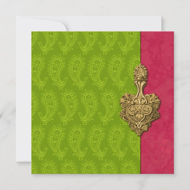 Invitación a la boda india de Green Paisley Peacoc (Anverso)