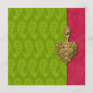 Invitación a la boda india de Green Paisley Peacoc