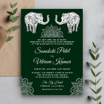 Invitación a la boda india de Henna Tattooed Eleph<br><div class="desc">Sorprenda a sus huéspedes con esta tradicional invitación a la boda, que incluye un elegante arte de henna y elefantes hermosamente decorados con un fondo verde oscuro. Simplemente agregue los detalles de su evento en esta plantilla fácil de usar para convertirla en una invitación única. Esta carta es totalmente personalizable....</div>