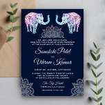 Invitación a la boda india de Henna Tattooed Eleph<br><div class="desc">Sorprenda a sus invitados con esta tradicional invitación a la boda, que incluye un elegante arte de henna y elefantes hermosamente decorados con un fondo azul oscuro. Simplemente agregue los detalles de su evento en esta plantilla fácil de usar para convertirla en una invitación única. Esta carta es totalmente personalizable....</div>