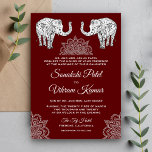 Invitación a la boda india de Henna Tattooed Eleph<br><div class="desc">Sorprenda a sus invitados con esta tradicional invitación a la boda, que incluye un elegante arte de henna y elefantes hermosamente decorados con un oscuro fondo rojo. Simplemente agregue los detalles de su evento en esta plantilla fácil de usar para convertirla en una invitación única. Esta carta es totalmente personalizable....</div>