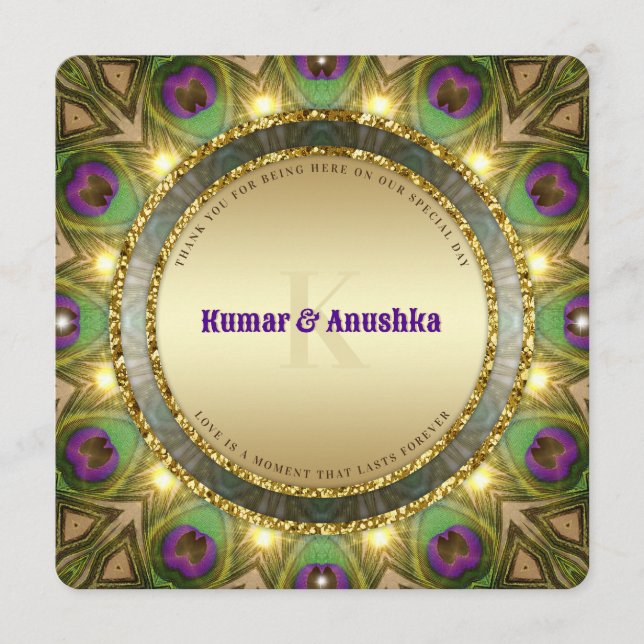 Invitación a la boda india de las plumas de pavo r (Anverso)