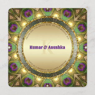 Invitación a la boda india de las plumas de pavo r