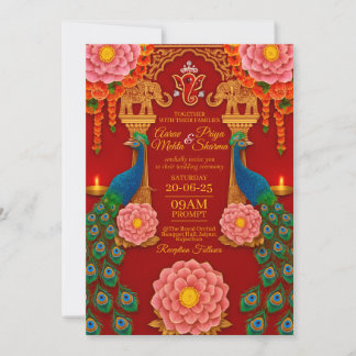 Invitación a la boda india de lujo rojo y oro
