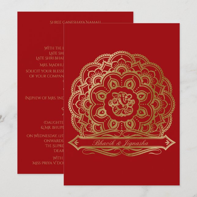 Invitación a la boda india de manala roja y dorada (Anverso / Reverso)
