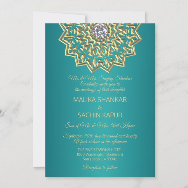 Invitación a la boda india de oro de Mandala azul  (Anverso)