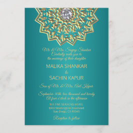 Invitación a la boda india de oro de Mandala azul