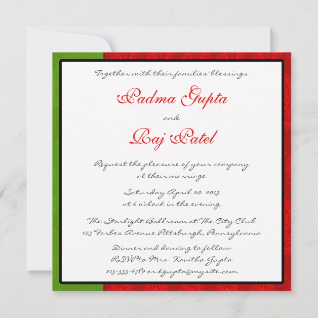 Invitación a la boda india de Red Paisley Peacock (Reverso)