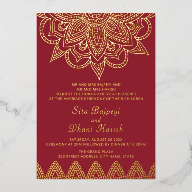 Invitación a la boda india de Relieve metalizado d (Anverso)
