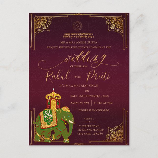 Invitación a la boda india del oro rojo del Señor  (Anverso)