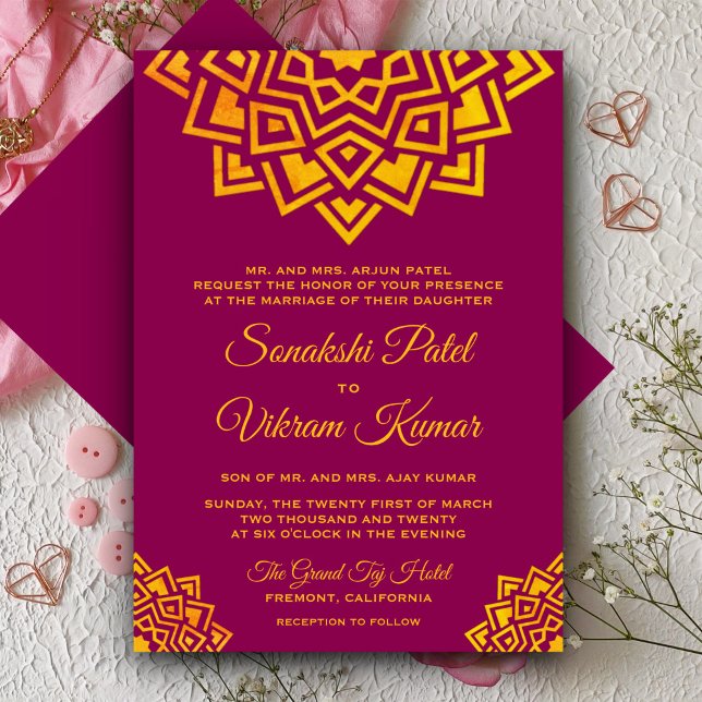 Invitación a la boda india en Mandala de oro rosad (Subido por el creador)