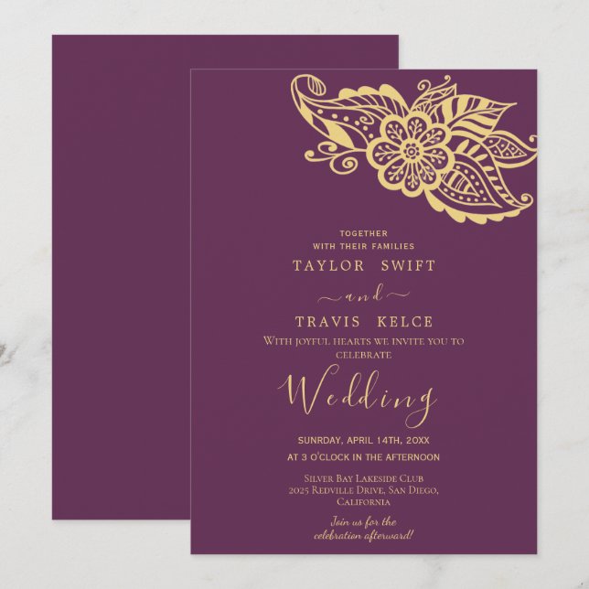 Invitación a la boda india Gold Paisley (Anverso / Reverso)