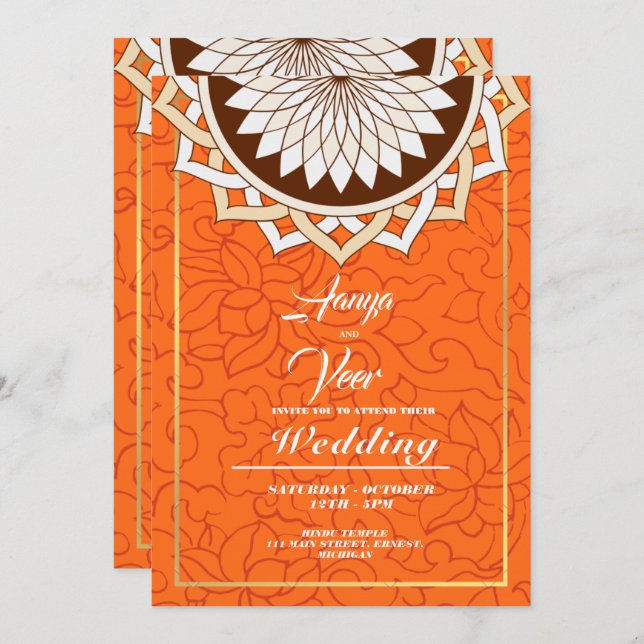Invitación a la boda india naranja (Anverso / Reverso)