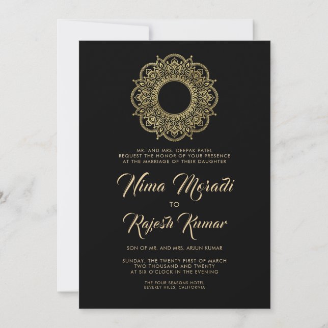 Invitación a la boda india, negro, oro, Mandala (Anverso)