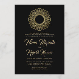Invitación a la boda india, negro, oro, Mandala