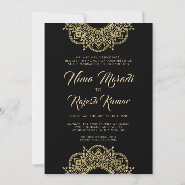 Invitación a la boda india, negro, oro, Mandala (Anverso)