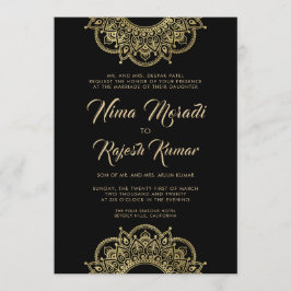 Invitación a la boda india, negro, oro, Mandala