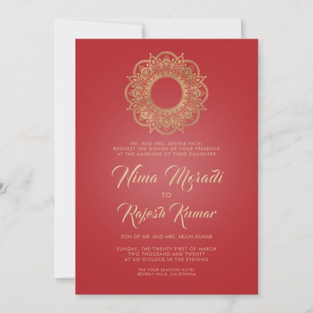 Invitación a la boda india, oro rojo, Mandala (Anverso)